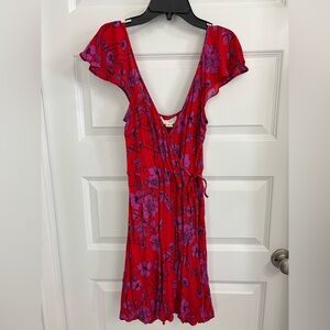 Band of Gypsies Floral Red and Purple Wrap Mini Dress